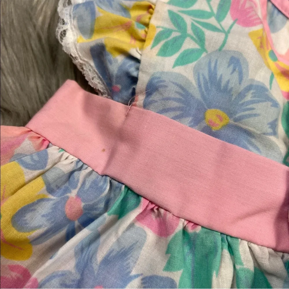 Vintage Baby Girls Blue Pink Floral Ruffle Pinafore Dress